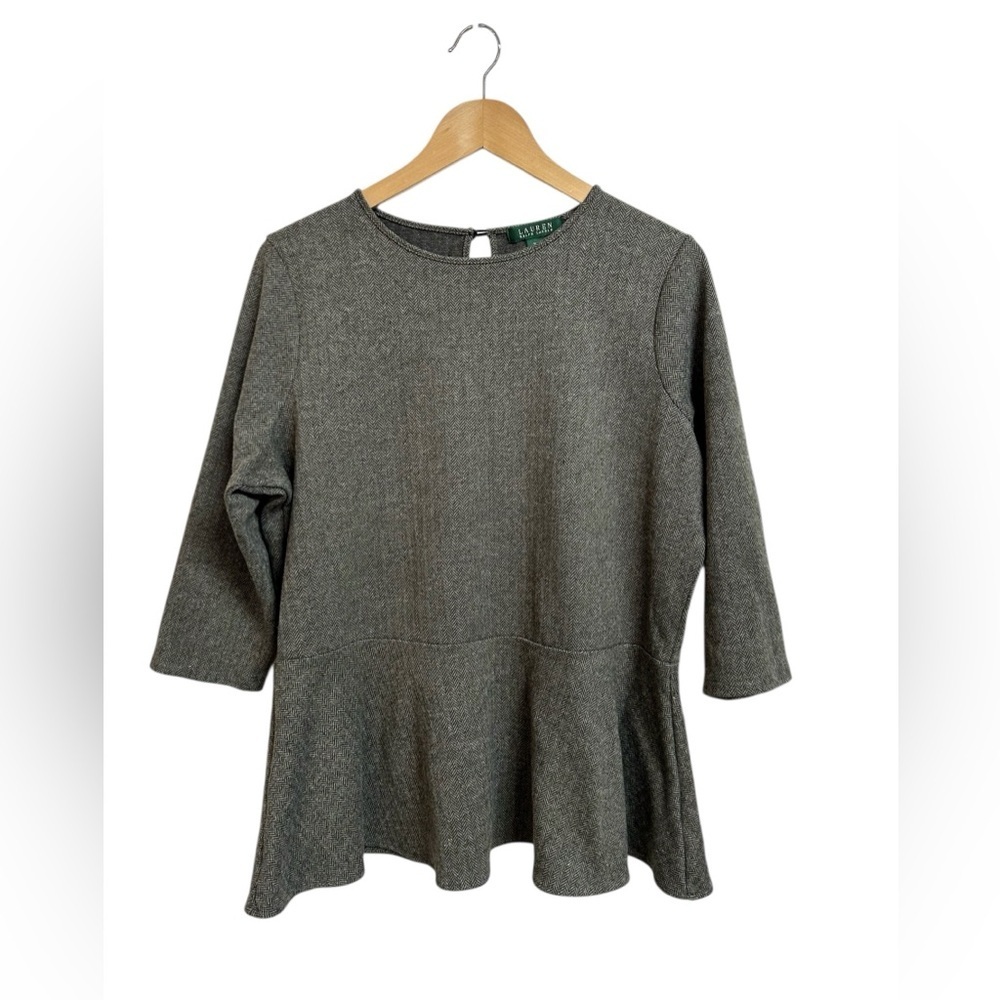 Lauren Ralph Lauren Gray Herringbone Long- Sleeve Peplum Top Size 2X